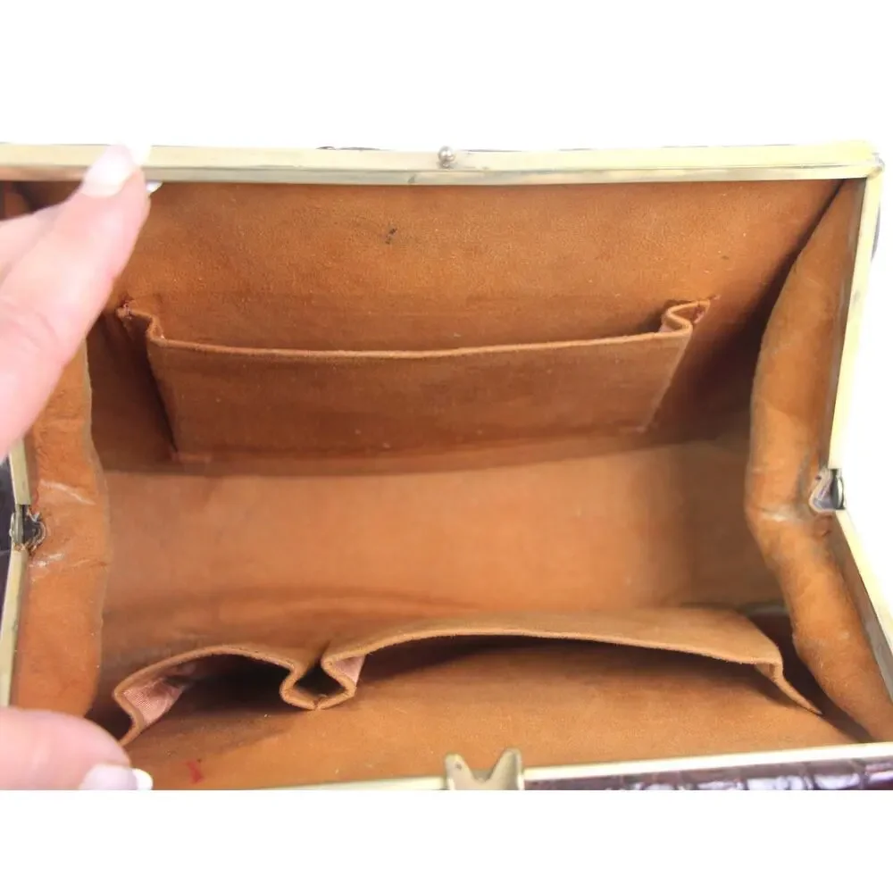 VINTAGE BROWN CROCODILE SKIN FRAME TOP HANDLE SHOULDER BAG HANDBAG SATCHEL PURSE